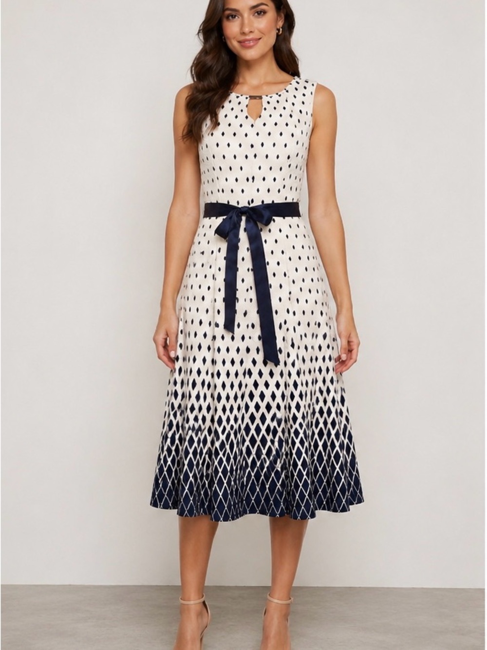 Haani Cream and Navy Ombre Diamond-Print Midi Dress with Belt